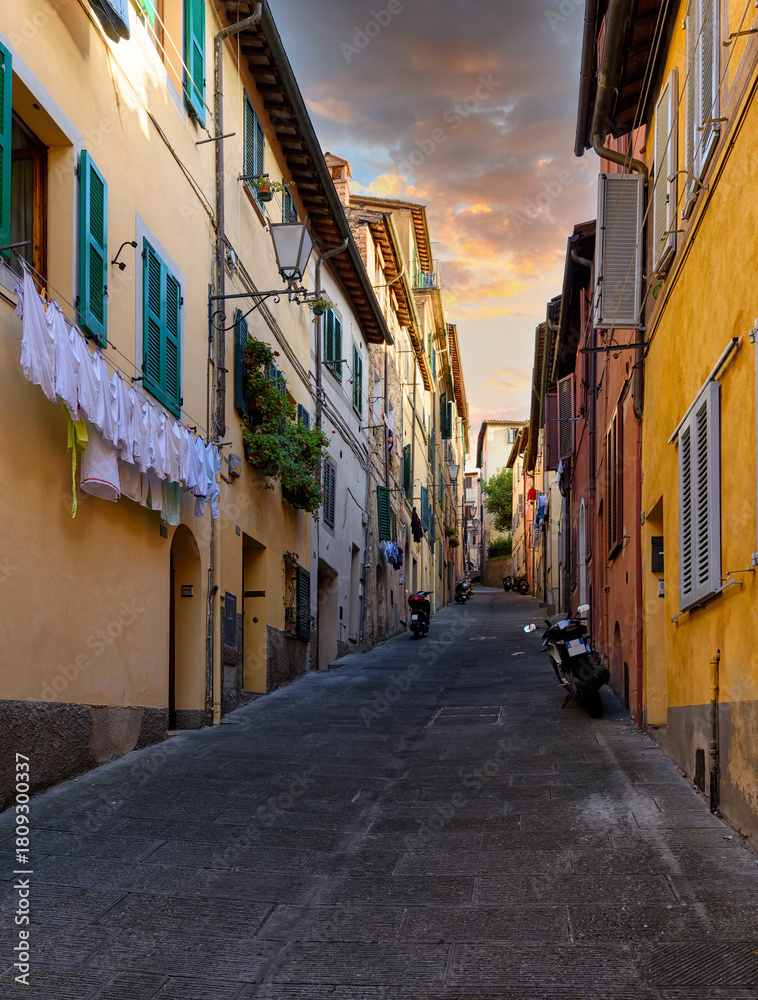 Fototapeta premium Medieval narrow street in Siena, Tuscany, Italy. Architecture and landmark of Siena. Cozy cityscape of Siena
