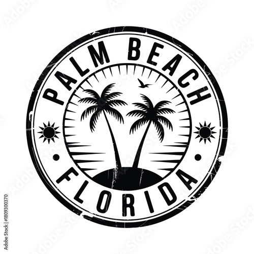 Palm beach florida tropical beach scene emblem