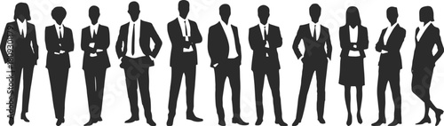 Silhouette business professionals, confident poses, formal attire, teamwork, leadership, diversity, black vector icons, corporate concept, standing people, collection
