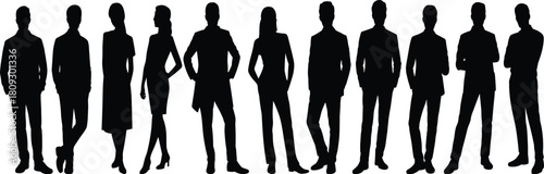 Silhouette business professionals, confident poses, formal attire, teamwork, diversity, leadership, black vector icons, corporate concept, standing people, collection