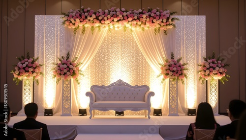Malay wedding stage with giant floral arch, sequin backdrop, and royal white sofa