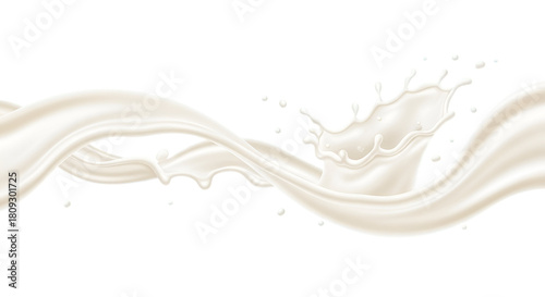 Dynamic white liquid splash and wave flowing horizontally, representing milk or cream, isolated on transparent background