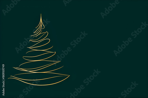 Minimalistic golden lineart of Christmas tree on dark green background with copy space
