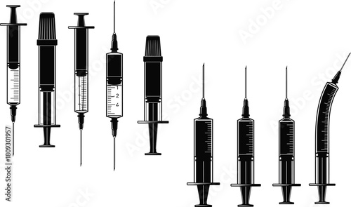 Black medical syringes set isolated on white background, injection needle silhouettes, healthcare vaccination equipment illustration for medical supply, clinic, and laboratory use