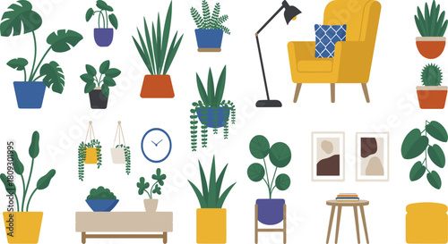 Indoor plant decor, cozy home interior, modern furniture, stylish room setup, warm ambiance, boho style, relaxing space, vibrant illustration