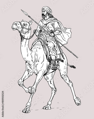 Ancient Arab warrior on a war camel. Historical drawing.