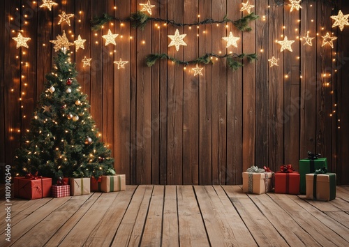 Festive Christmas Scene with Decorated Tree, Star Lights, and Gifts on Wooden Background