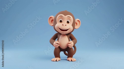 Cute 3D Animated Monkey Waving and Talking on Light Blue Background – HD Character Video