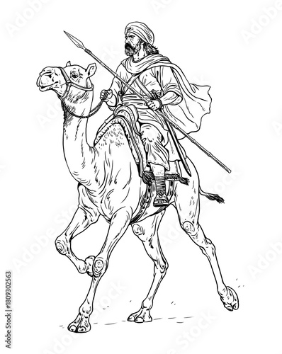 Ancient Arab warrior on a war camel. Historical drawing.