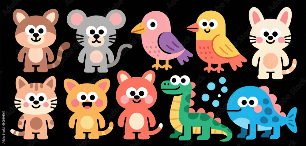 Fototapeta premium Cute cartoon animals set, colorful illustration, isolated
