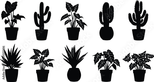 Black potted plant silhouette, cactus vector, indoor foliage outline, decorative leaves, botanical illustration, houseplant design, isolated shapes, nature art