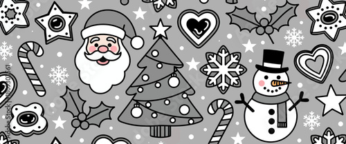 Festive holiday icons in minimal style, Christmas ornaments and snowflakes pattern