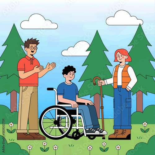 Friends hiking in nature with one in wheelchair, colorful flat design