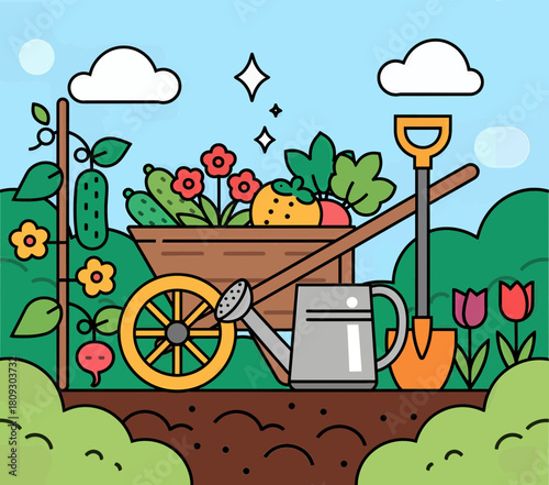 Gardening tools with wheelbarrow full of vegetables, flat design illustration