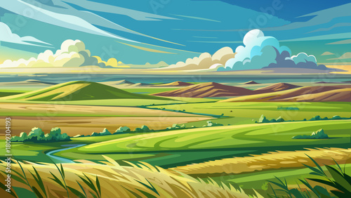 Very beautiful illustration of open prairie grasslands in northern America, featuring sweeping green fields, soft rolling terrain, and a wide Dakota-style sky in a clean, simple, non-specific landscap