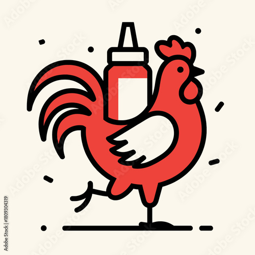 Red rooster with ketchup bottle, minimal vector illustration, isolated