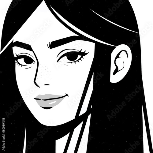 Stylized woman face portrait in black and white, pop art style, isolated