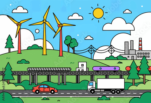Sustainable energy landscape with wind turbines, factories, and transport