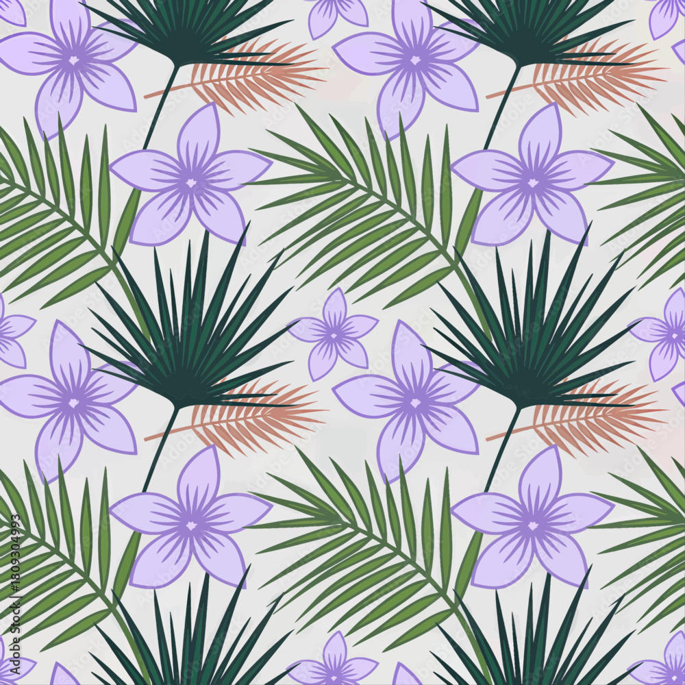 Fototapeta premium Tropical flowers and leaves seamless pattern flat design
