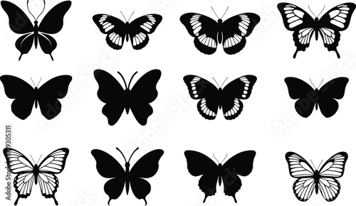 Collection of black butterfly silhouettes on a white background