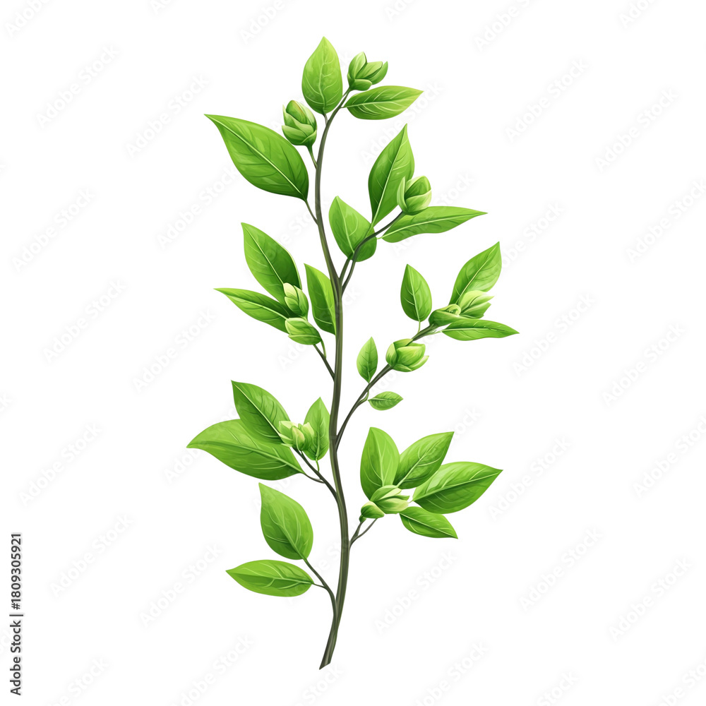 Fototapeta premium Lush green branch displays vibrant leaves and flower buds on transparent background