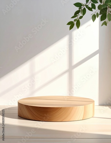 Wood stand, sunlight, plain background, plant accent