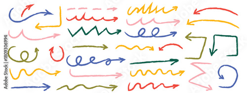 Colorful childish crayon drawn arrows icon vector. Hand drawn squiggles, curved and straight lines, rough edges directional pointers. Whimsical pencil arrow symbol. vector illustration.