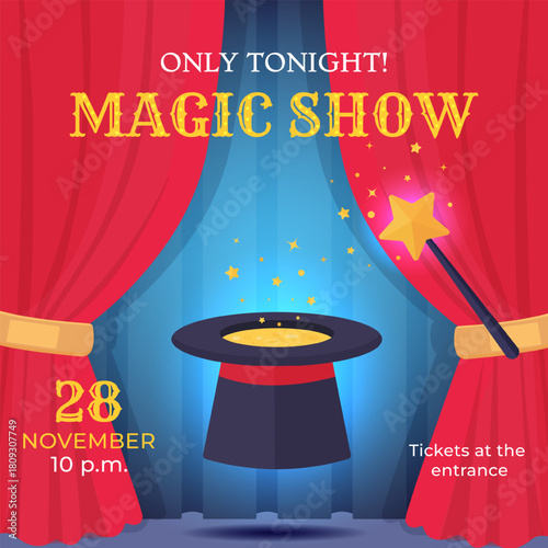 Bright vector poster with red curtains, magician hat and magic wand promoting a night magic show. Perfect for banners, ads, theatre events and creative promotional designs.