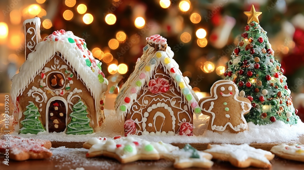 Naklejka premium Festive Gingerbread Houses with Christmas Tree and Cookies