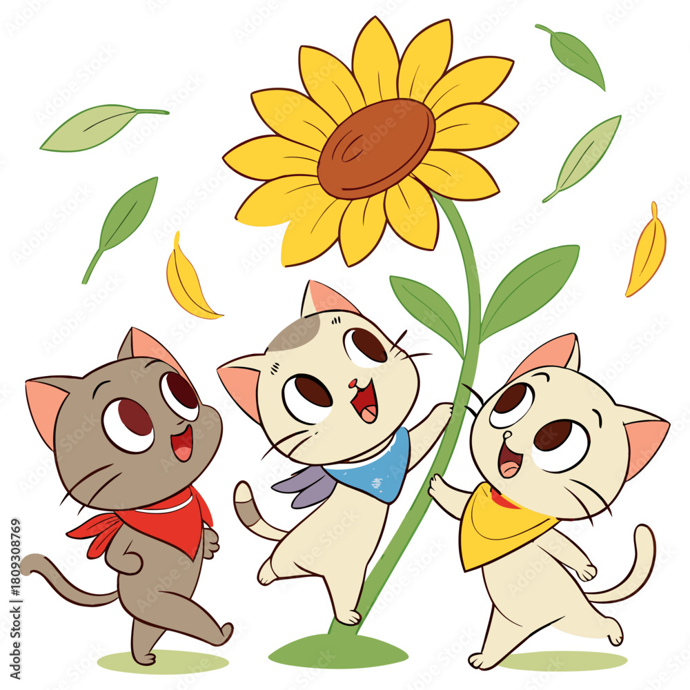 Obraz premium Cute Cartoon Kittens Playing Around a Tall Sunflower