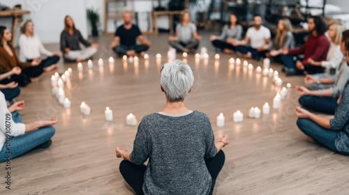 Meditation circle with participants surrounding candles in a serene setting.