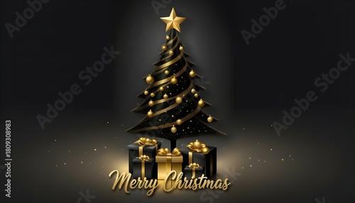 The image displays a Christmas tree with golden decorations, and presents underneath it.