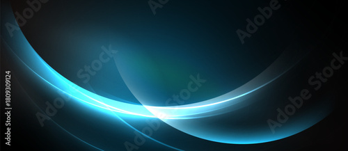 Abstract design features smooth curves, vibrant blue light against dark background. Elegant, modern aesthetic. Minimalist composition.