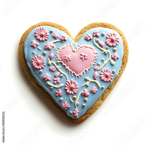 Heart shaped cookie decorated with blue icing and pink flowers isolated on white background