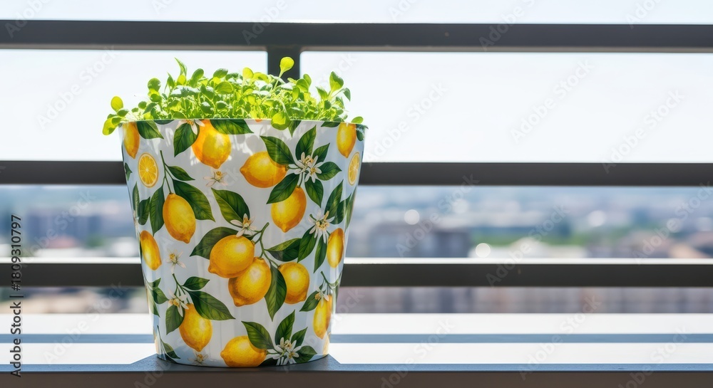 Obraz premium Lemon-patterned pot with green plant on balcony railing overlooking cityscape