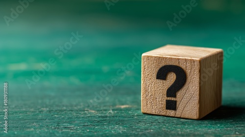 Question mark icon (?) on wooden cubes on a green chalkboard background, Q and A, questions and answers concept.	