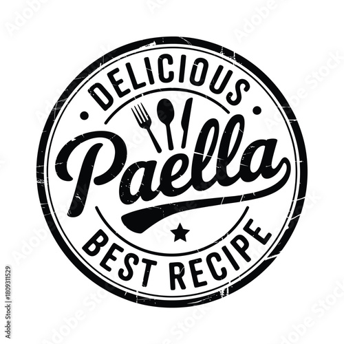 Delicious paella best recipe emblem with utensils