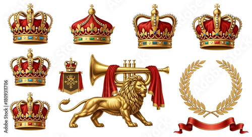 Royal symbols set with golden crowns, a lion, trumpet, shield, and laurel wreath isolated on transparent background