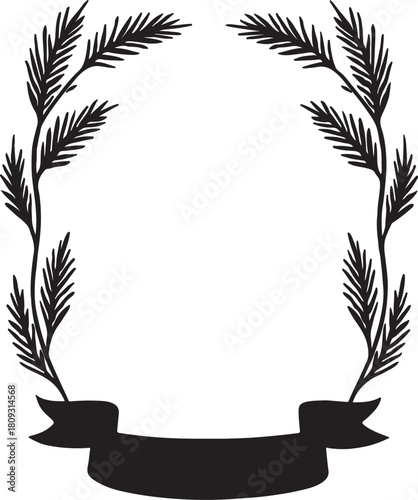 christmas decoration card frame with red ribbon band and fir tree branches isolated on white or transparent vector art silhouttes 