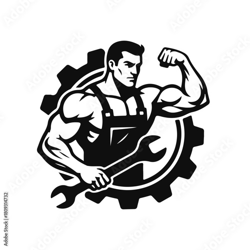 Strong mechanic holding a wrench in bold black and white style, muscular worker silhouette inside gear, mechanic logo, worker emblem, repair symbol, industrial icon, tool design
