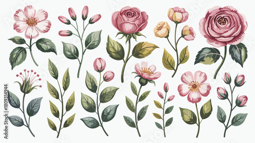 Watercolor floral arrangement of roses blossoms and foliage for wedding invitations and design elements