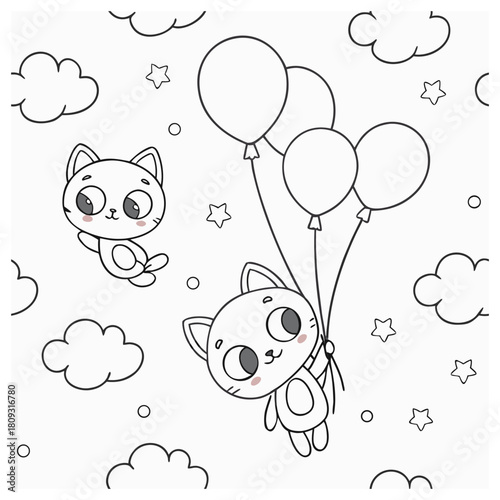 Cute Seamless Pattern of Big-Eyed Cats Holding Balloons in the Sky