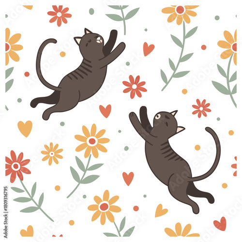 Seamless Pattern of Playful Dark Cats with Colorful Flowers and Hearts