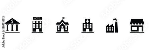 Building flat solid black icons. Flat vector icon set of residential buildings including bank, shop, hotel, school, hospital, factory. Vector illustration.