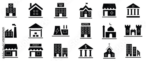 Building flat solid black icon set. Flat vector icon set of residential buildings including house, apartment, mosque, villa, mansion, museum, school, hospital and more icons. Vector illustration.