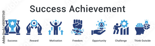 Success achievement celebrates reward and motivation with freedom to explore opportunity beyond challenges creatively.