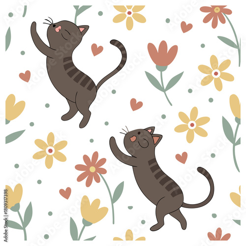 Cute Seamless Pattern of Brown Cats Playing Among Soft Pastel Flowers