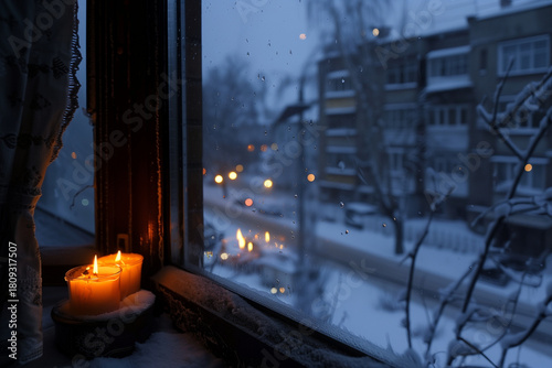 A dark snowy neighborhood during a winter power outage, with silent streets and faint lights creating a cold, dramatic atmosphere.