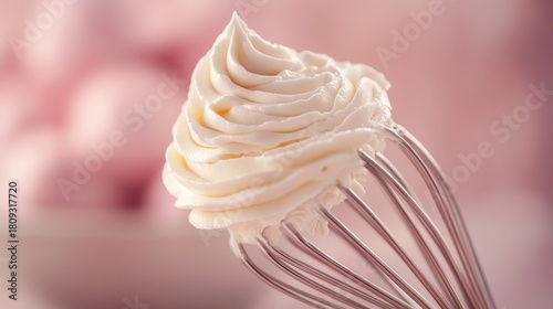 Fototapeta Naklejka Na Ścianę i Meble -  Vintage whisk, whipped cream peaks, rose pink, close up, room for text, gentle lighting, smooth, professional food photography