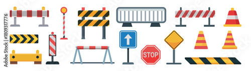 Traffic road barricade. Closed road blocks. Collection of various traffic signs and road safety equipment isolated on white background, cones, barriers, and warning signals vector illustration.